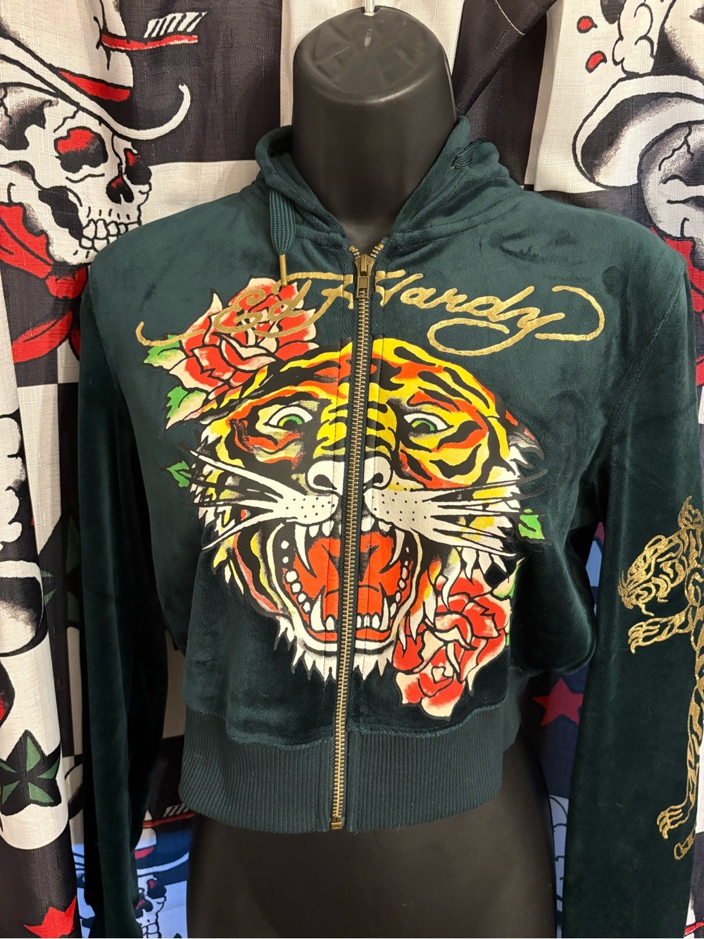 Ed Hardy Dark Green Velvet Bomber Jacket with Tiger & Rose Graphics
